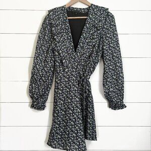 English Factory NWOT black with blue floral wrap dress with ruffle collar